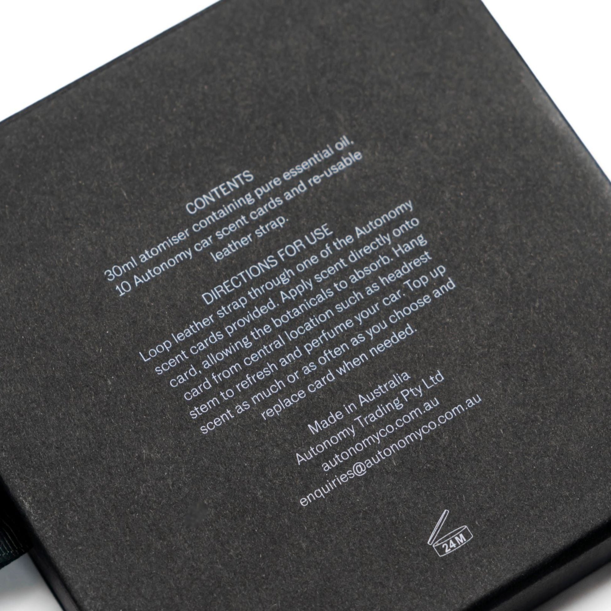 back of the autonomy car scents cards box showing the contents of the box and the directions of use